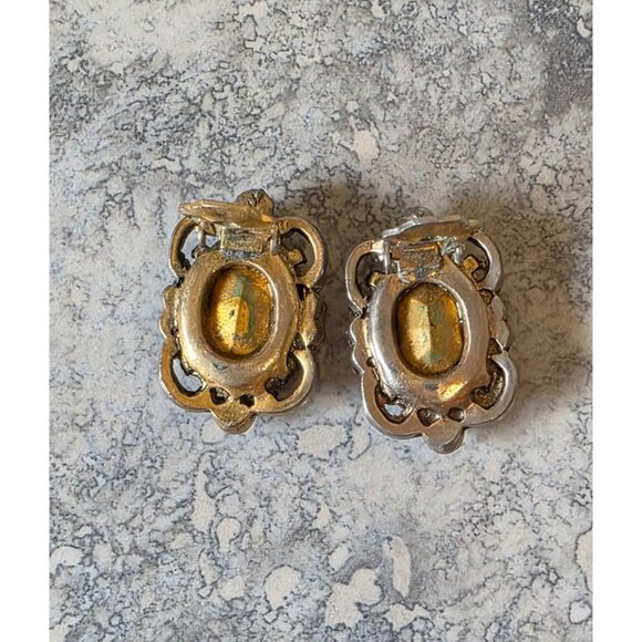 Czech Glass AB Rhinestone Topaz Clip-On Earrings Antique - Picture 2 of 4